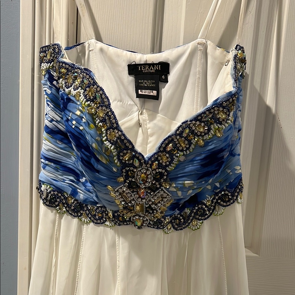 Terrani Couture - Couture Blue and White Strapless Evening Gown - Size 6 - Picture 9 of 9